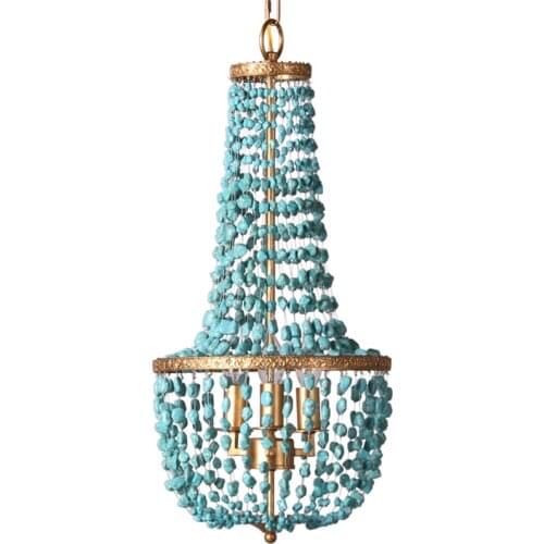 Blue Stone Coastal Beach Style Vintage Golden Color Finish Turquoise Beads Metal Chandelier