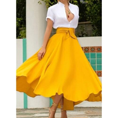 Women High Waist Flared Midi Skirts With Bow Summer Fall Solid Color Femme Iregular Bottoms Fashion Office Lady A-Line Skirt XXL