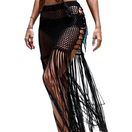 2020 New Female Summer Hollow Out Sexy Skirts Beachwear Solid Color High Waist Long Skirt Women Tassels Beach Cover Up Skirts