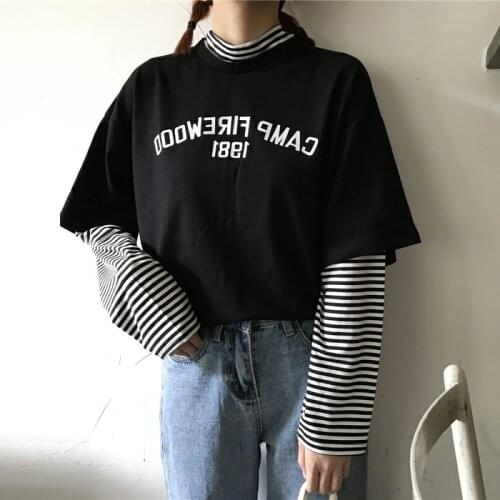Neatie Kiddie Korean Style Stripe Long Sleeve T-shirt Women Tops Letter Print Streetwear Casual Harajuku T shirt Female Clothes