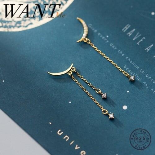 WANTME Korean Genuine 925 Sterling Silver Round Zircon Chain Tassel Crescent Moon Drop Earrings for Fashion Women Chic Jewelry