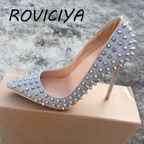 Sexy valentine shoes silver glitter rivet 12cm high heels gold women pumps ladies stiletto pointed toe wedding MD017 ROVICIYA