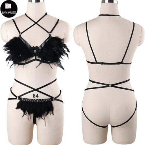 Women Black Crop Top Feather Harness Bra And Feather Bottom G-string Bondage Body Harness Set Rave Sexy Goth Lingerie Suit