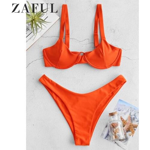 ZAFUL Bikini Tie Underwire Balconette Bikini Set Straps Solid Women Summer Swim Suit Sexy Women Spaghetti Strap Bathing Suit