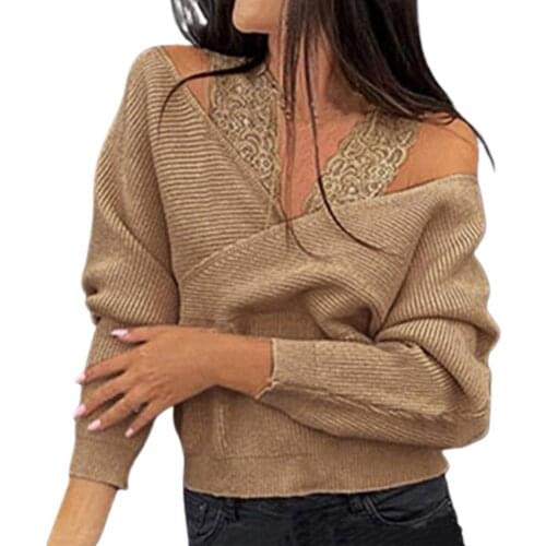 Women Knitwear Solid Color Sexy Lace Off Shoulder Knitted Sweater Lace Strap Leisure Long Sleeve V-Neck Sweater Pullover Tops