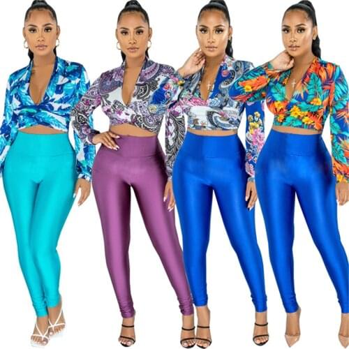 RStylish 2021 Autumn Sexy Tracksuit Digital Print V Neck Bandage Long Sleeve Crop Top Leggings Women 2 Piece Pants Set