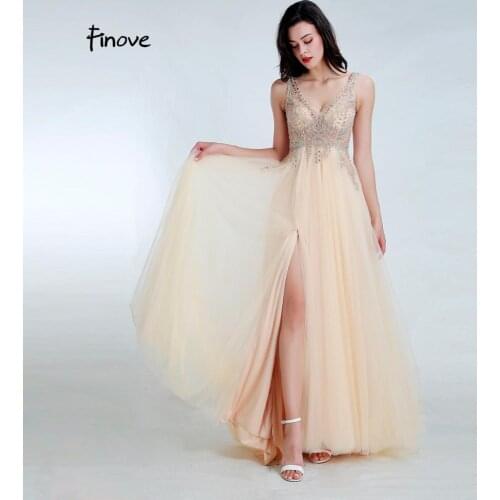 Finove New Evening Dresses Long 2020 Sexy Slit V-neck With Beading Illusion Formal Prom Party Gowns Plus Sizes Vestidos De Gala