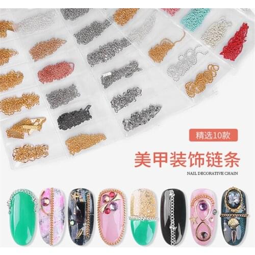 1Pack 6Grids Multi Colored All Various Shapes Chains Ring Buckle Metal 3D Studs Nail Art Alloy Decorations Manicure DIY