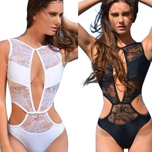2017 Sexy Womens Lace Mesh Sheer One Piece Swimsuit Hollow Out Monokini Swimwear One-Piece Bathing Suits Backless Bodysuit S-XXL