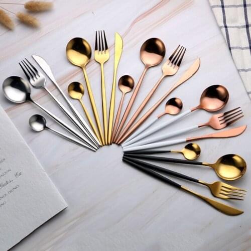 24Pcs Dinnerware Set Stainless Steel Cutlery Set Kitchen Glossy Gold Tableware Set Knife Fork Spoon Black Gold Silverware Sets