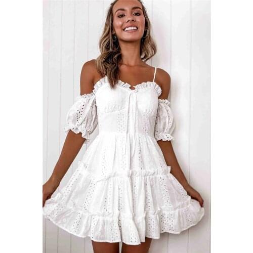 White Ladies Dress Sexy Spaghetti Strap Womens Ruffle Cotton Dress Summer Beach Ladies Mini Dress