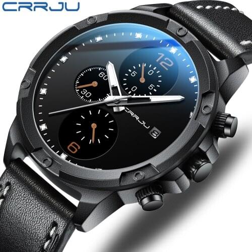 CRRJU Mens Watches Top Luxury Brand Waterproof Sport Wrist Watch Chronograph Quartz Military Genuine Leather Relogio Masculino