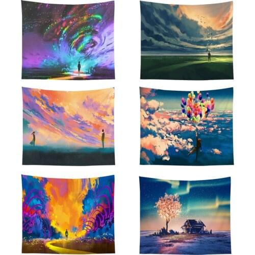 Tree Scenery Tapestry Wall Hanging Polyester Japanese Style Hippie Tapestries Decoration Wall Covering Moon Sunrise Oil Painting