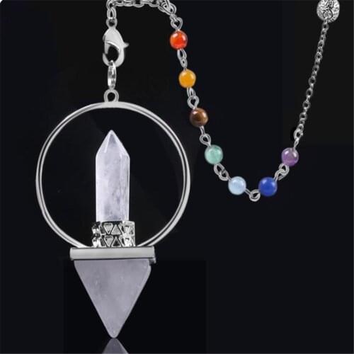 Hot selling 6pcs/Lot Reiki pyramid Natural Crystal Pendant Gems Meditating Obsidian Spirit Pendulum 7chakra Beads chain