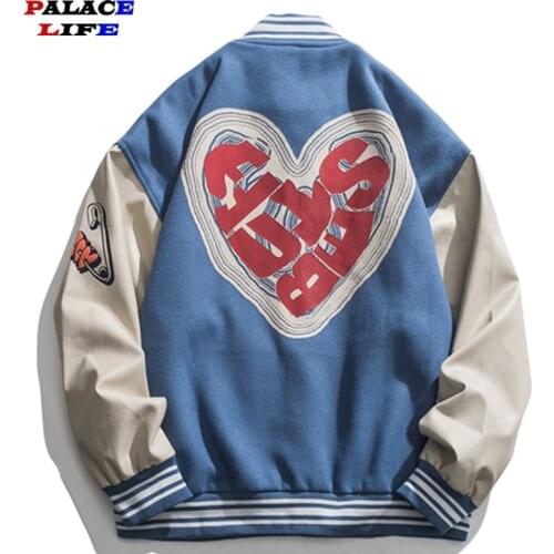2021 New Arrival Autumn Couple Heart Foaming Print Men Oversize Baseball Jacket Unisex Woman ​Bomber Coat Varsity Vintage