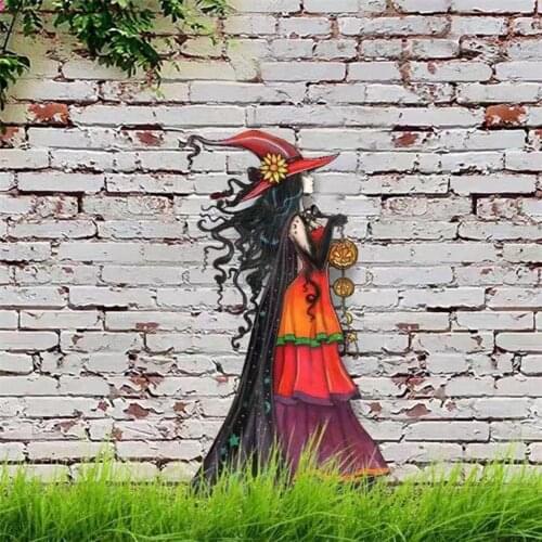 Halloween Metal Witch Decor Garden Lawn Sexy Witch Sign Ornaments Top Hat Witch Carrying Pumpkin Lantern Halloween Decoration