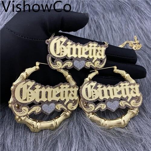 VishowCo Bamboo Hoop Earrings Set Hip-Hop Customize Name Earrings And Necklace Bamboo Style Custom Earrings For Gifts