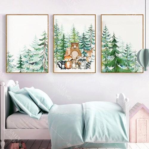 Woodland Animal Print Nursery Wall Art Painting Nordic Poster Cartoon Canvas Painting Fox Deer Bear Wall Picture Kids Room Decor