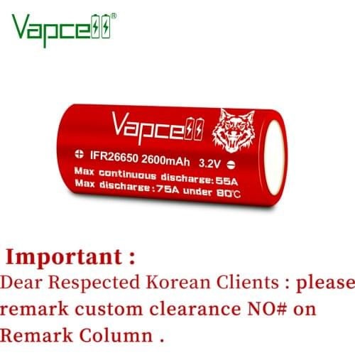 Original Vapcell IFR26650 li ionBattery 26650 2600mah 55A 75A 3.7V high discharge rechargeable batteries cell for flashlight