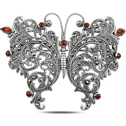 Silver 925 Sterling Butterfly Natural Stone & Marcasite Brooch & Pendant