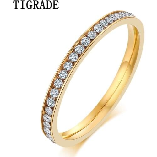 Tigrade Gold Plating Women Wedding band Full Crystal Party Ring Female Stainless steel Never Fade Korean jewelry Wholesale bulk