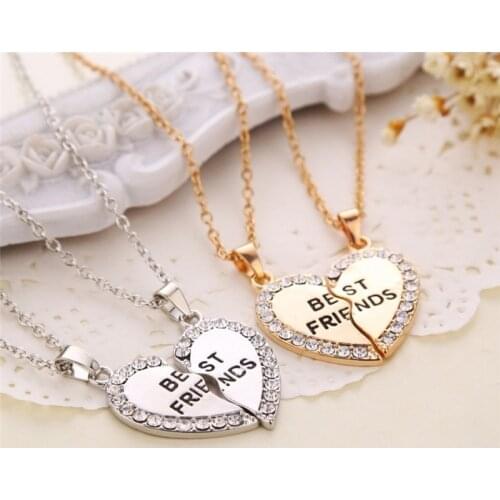 Unisex 2 Pcs BFF Necklace Women Crystal Heart Pendant Best Friend Letter Necklace Fashion Couple Necklace Men Friendship Jewelry