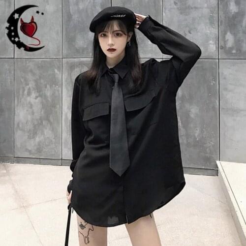 Harajuku Vintage Black Casual Shirt Women Gothic Single Breasted Pocket Loose Long Sleeve Blouse Student Fashion Streetwear