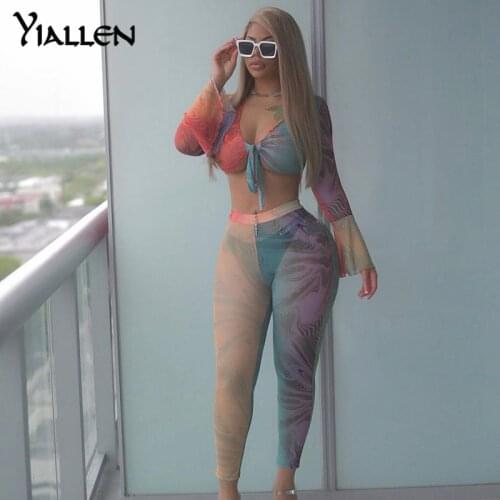 Yiallen Summer Streetwear 2 Two Piece Sets Womens Bodycon Print V Neck Outfits Flare Sleeve Bandage Crop Top Mesh Female Sets