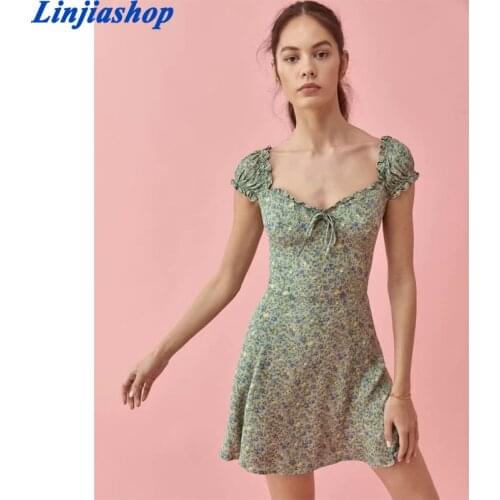 Sexy Floral v Neck Dress Mini Chiffon Puff Sleeve Summer Green Short Korean Style Women Harajuku 2021 New