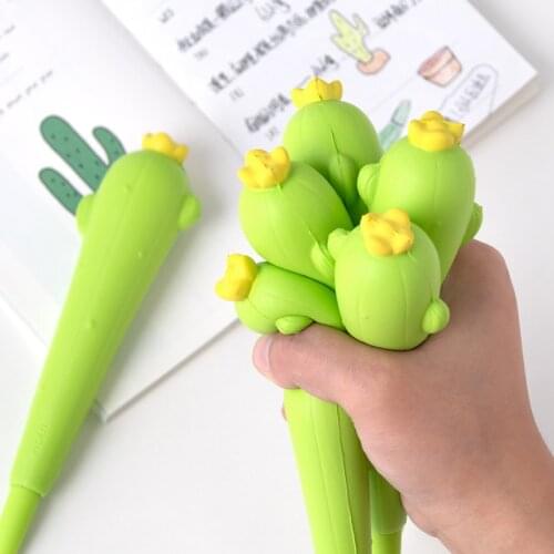 1X Soft Sponge Green Cactus Pressure Relief Gel Pen School Stationery 0.5mm Black