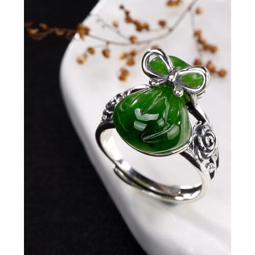 2018 Limited New Women Anel Feminino S925 Pure Restoring Ancient Ways Is Thai Inlaid Natural Hetian Purse Wholesale Flower Ring