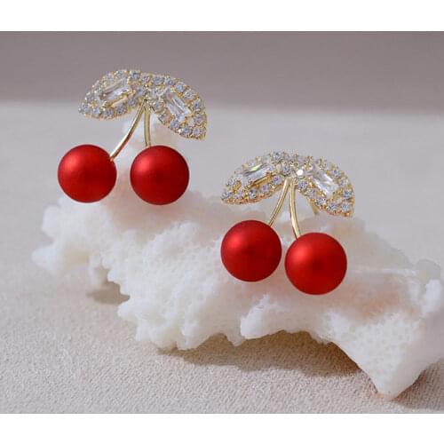 2021 Trend Red Cute Cherry Cherries Small Stud Earrings Crystal Temperament Korean Pearl Fruit Elegant Womens Earrings Jewelry