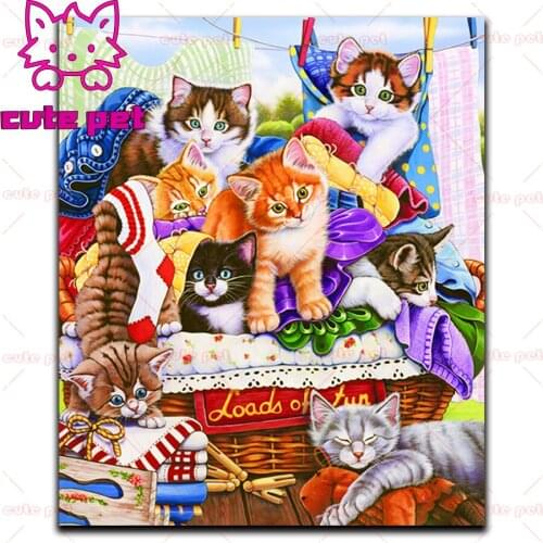 5d Cross Stitch Grey cat raccoon cat family diy diamond painting animal full Diamond embroidery rhinestone pictures mosaic Decor