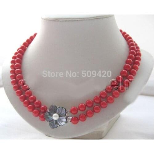AAA double 17-18" 8mm natural perfect round red coral necklace-shell clasp