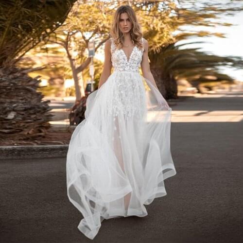 Eightale Bohemian Wedding Dress V-Neck Appliques Lace Boho Wedding Gown A-Line Tulle Bridal Dress vestido de noiva princesa