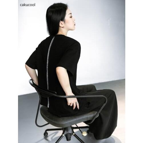 Cakucool New T-Shirt for Women Loose Back Irregular Open Line Design Loose Black Harajuku T-Shirt for Women Upper Body