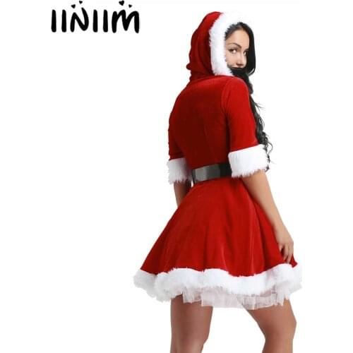 Iiniim Womens Red Velvet V Neck Hooded Sexy Party Dress Mrs Claus Costume Dress Santa Costumes Christmas Fancy Dress with Belt