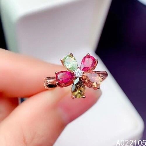KJJEAXCMY fine jewelry 925 sterling silver inlaid Natural Tourmaline women lovely noble vintage flower open gem ring support det