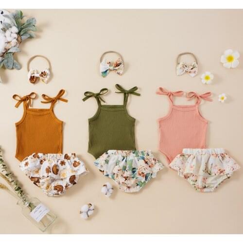 Summer Newborn Baby Girls Clothes 3 Piece Outfits Sling Sleeveless Knitted Cotton Romper Tops + Printed Shorts + Headband
