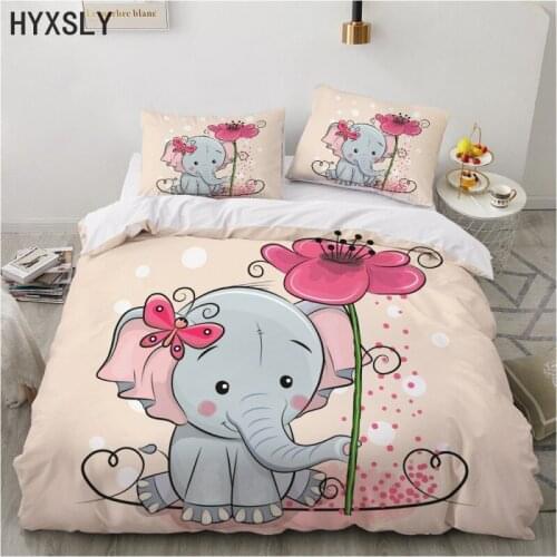 Cartoon Style Elephant Flower Butterfly Print Bedding Set Girl Baby Kids Duvet Cover with Pillowcase 2/3pcs Queen King Bedcloth