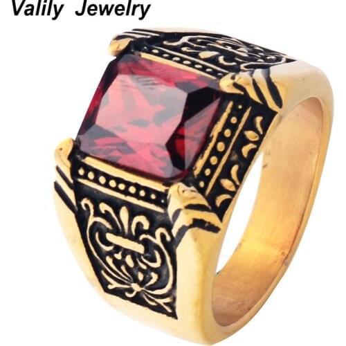 Mens Red/Black Cubic Zirconia Retro Vintage Finger Rings,Stainless Steel fashion CZ wedding rings