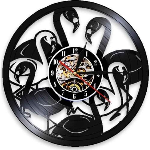 Black Flamingo Modern Vinyl Record Wall Clock Nursery Exclusive Wall Art Silent Quartz Animals Laser Etched Decor Clocks Watch