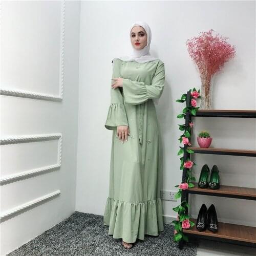 New Hand Made Diamond Beading Muslim Peignoir Robes Dubai Fashion Female Full Length Ruffles Abaya Muslim Dress with Belt 2021