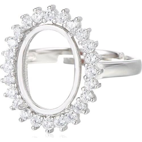Ring Setting for 10x14mm Oval Cabochons Ring Base White Gold Plated 925 Silver Zircon Adjustable Ring Blank SR0100