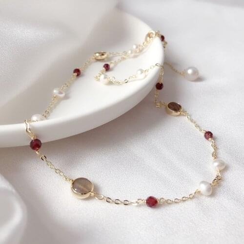 Korean Charms Sweater Necklace Chocker Chain Crystal Stone Freshwater Pearl Collar Female Anniversary Jewelry Birthday Gifts