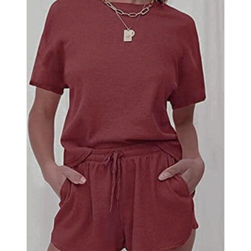 2021 Summer Women Cotton Solid Casual Pajamas 2 Pcs Loose Fashion Home Wear Clothes Outfits Tops T Shirt + Shorts Suit Sleepwear