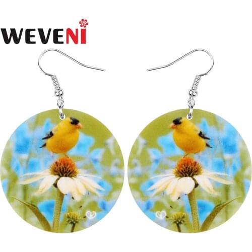 WEVENI Acrylic Round Goldfinch Earrings Big Printing Flower Bird Animal Dangle Drop Jewelry For Women Girls Teens Fashion Gift