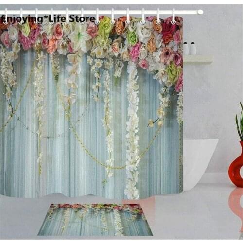 Flowers Design Shower Curtain Set Colorful Waterproof Curtain Bathroom Bath Mat Fabric Rugs 72 x 72'' with 12 Hooks Mat 24x16