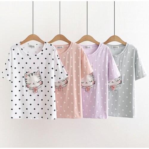 2021 Summer Sweet Kawaii Cat Embroidered Harajuku Cotton Short Sleeve Women T shirt Femme Tops Tee For Girls 2113562