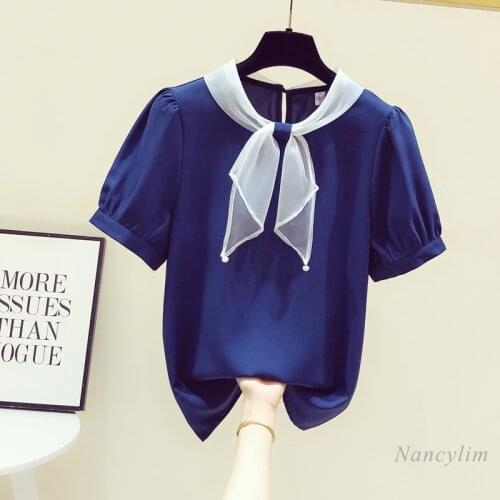 Summer Chiffon Shirt Women 2021 New Contrast Color Bow Tie Collar Short Sleeve Blue Blouse Femme All-Match Blusas Nancylim